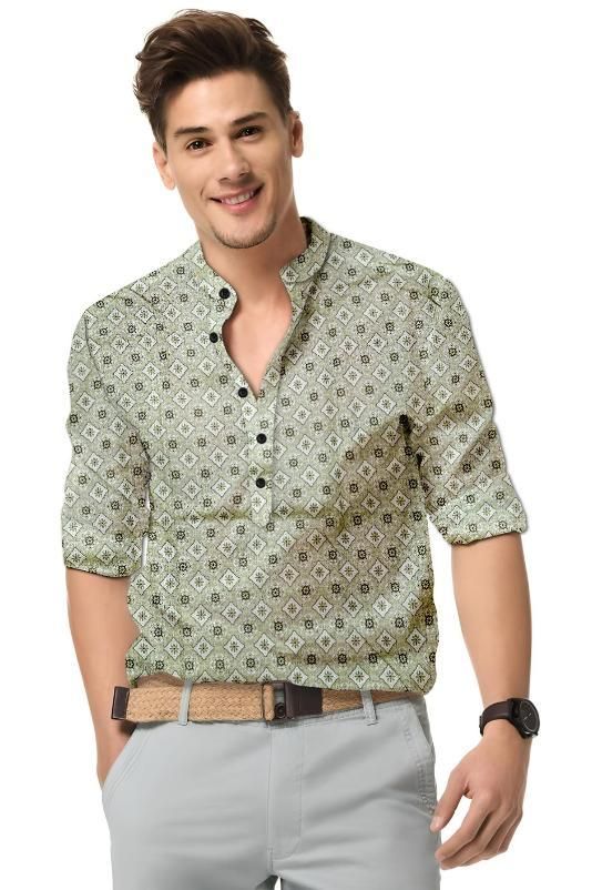 Men's Printed Spread Collar Casual Shirt Green